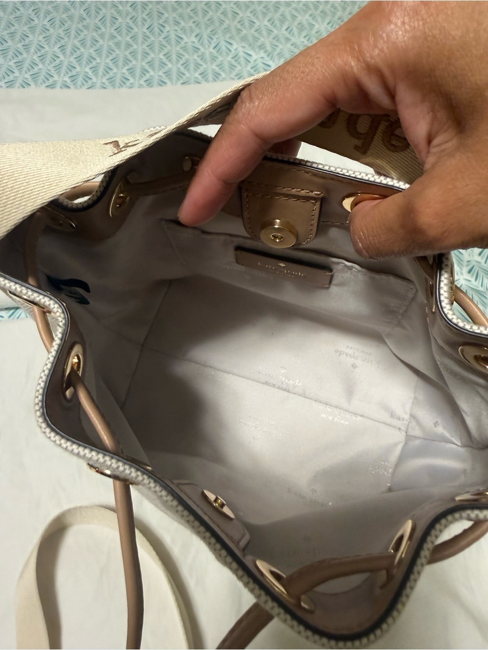 kate spade Cream Canvas Drawstring Shoulder Bag with Tan Accents - Picture 3 of 6